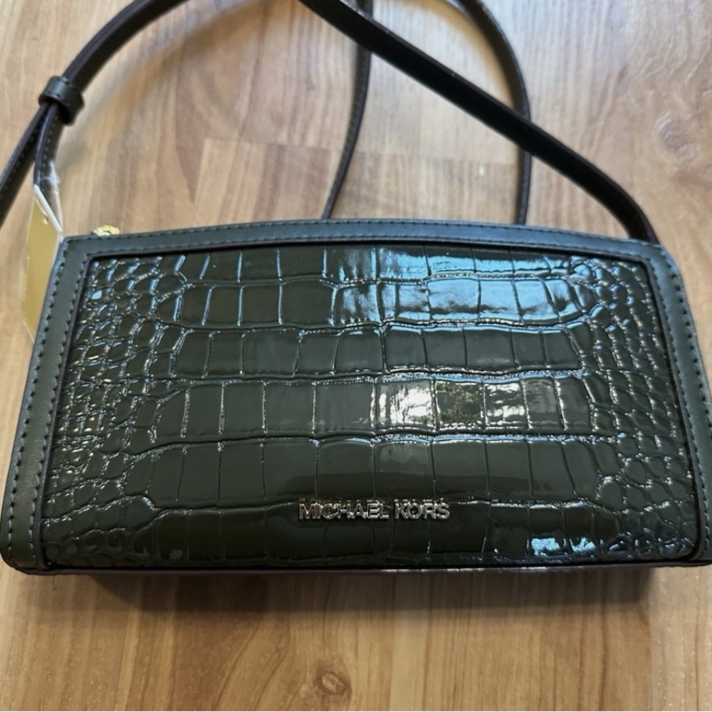 Michael Kors Dark Green Croc-Embossed Crossbody Bag